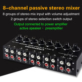 B066 Mini Stereo 8 Channel RCA Non Source Sound Passive Mixer, No Power Supply, 8 Channel RCA